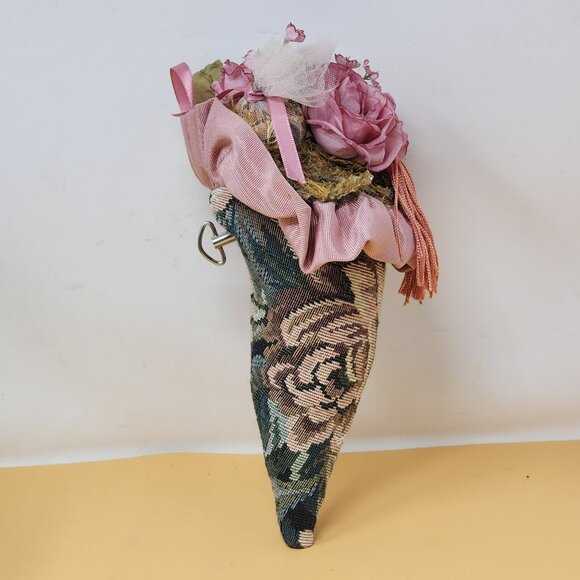 Vintage Musical Floral Tapestry Wall Cone With Pink Fabric Roses & Tassel Decor - Picture 5 of 9